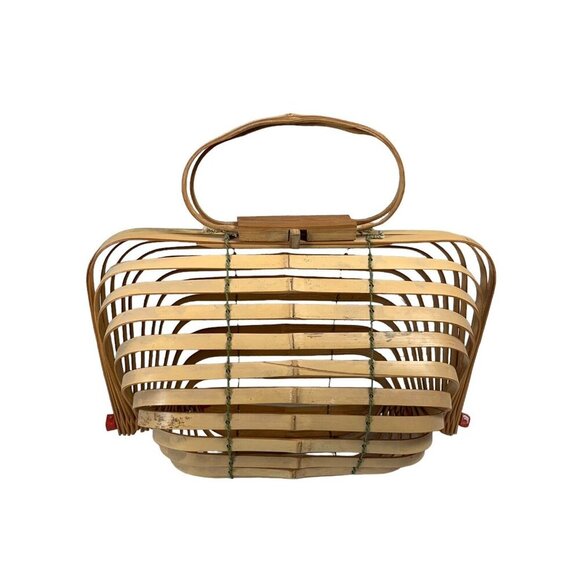 Vintage 50s 60s Cage Purse Collapsible Bamboo Basket Made in Japan
